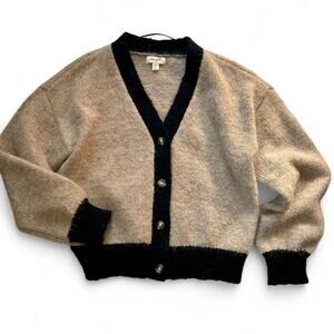 On 34th beige cardigan with black trim, super soft